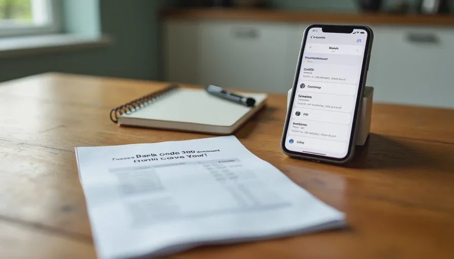 Backup codes and an authenticator app ready for family account security Printed backup codes and an authenticator app on a phone placed next to a family password notebook on a kitchen table.