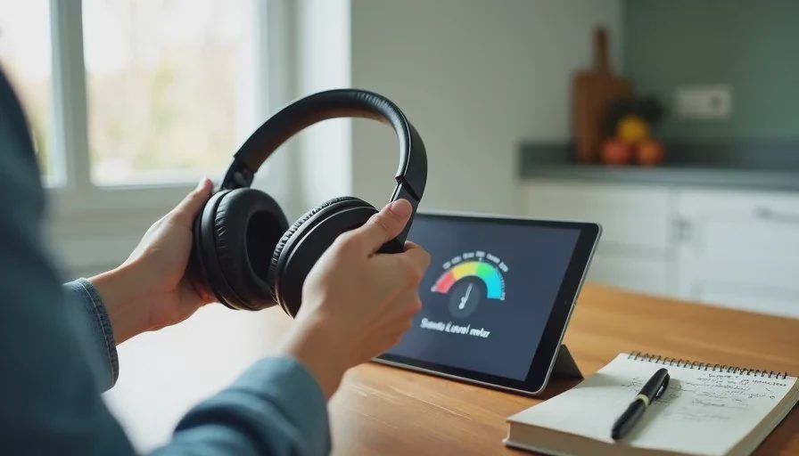 Checking the volume limit on kids' headphones Close-up of a parent checking the volume limit on a child's headphones, with a tablet showing a sound level meter nearby.