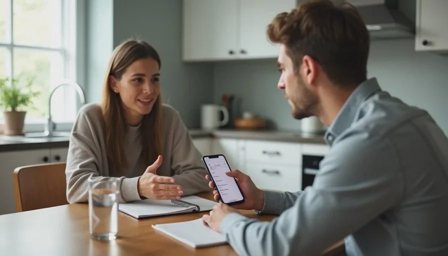 A parent and teenager talking about family location sharing settings on a phone at a kitchen table, respecting privacy.