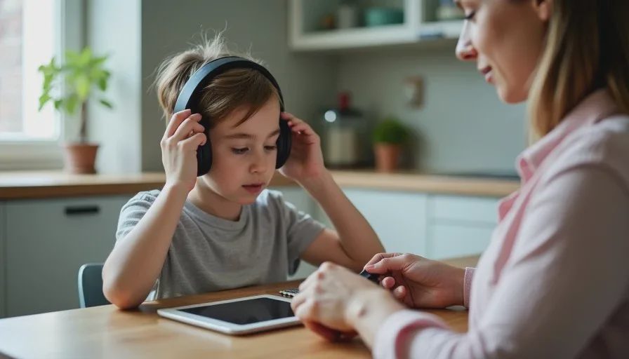 Checking the fit and comfort of kids' headphones A child trying on noise-canceling headphones while a parent checks the fit and comfort at a kitchen table.