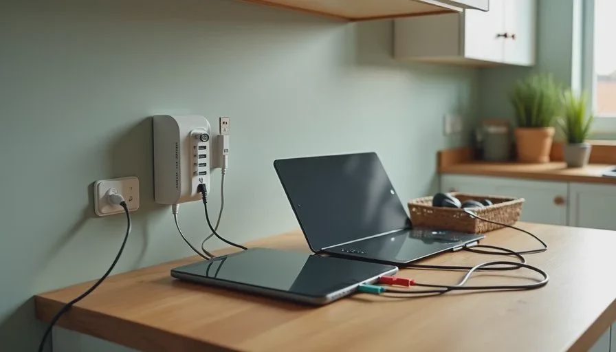A simple family charging station on a wooden kitchen counter with labeled cables, tablets, and a phone, showing practical family technology tips.