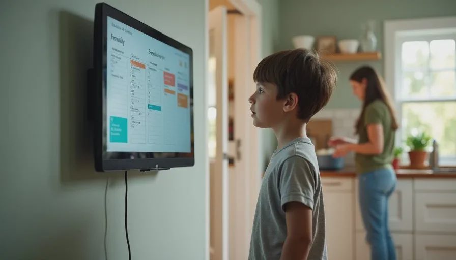 A smart display in a kitchen showing a shared family calendar with color-coded events, with a child checking the schedule.