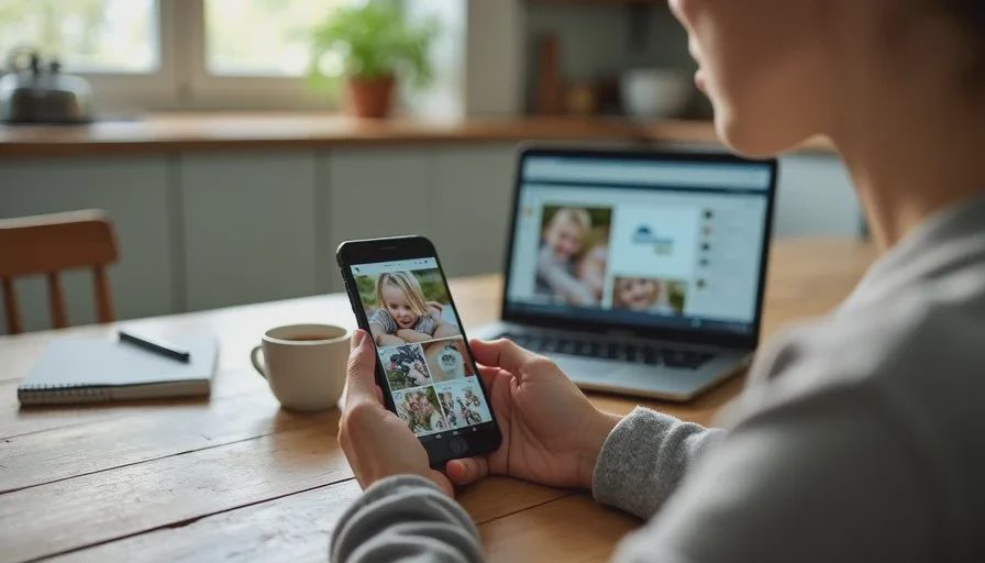 Automatic photo backup to a shared family album A parent looking at a shared family photo album on a phone, with automatic photo backup running in the background.