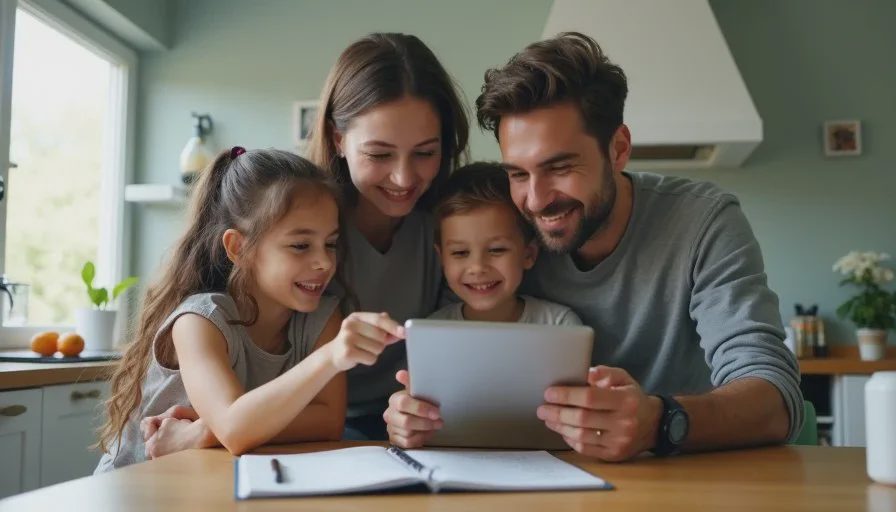 Testing a family gadget together at the kitchen table A family using a tablet together at a kitchen table, with a handwritten usability checklist and a router nearby.