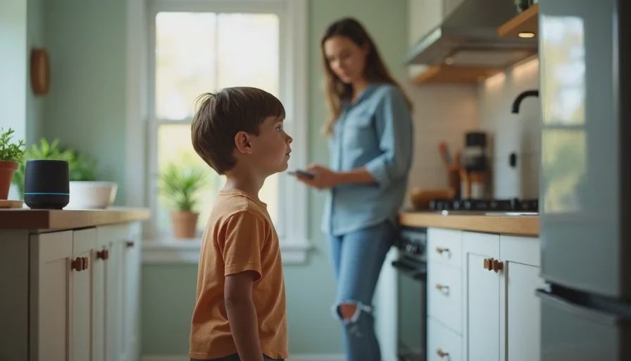 A child using the smart speaker with a parent nearby A child asking a smart speaker a question in the kitchen while a parent watches, showing simple family use.