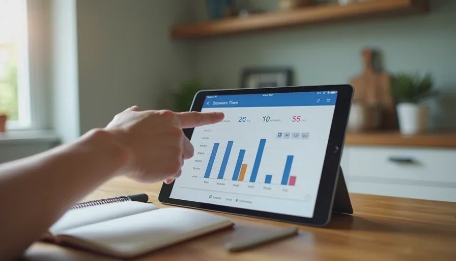 Close-up of a parent's hand pointing at a screen-time report on a tablet, showing app usage and daily patterns.