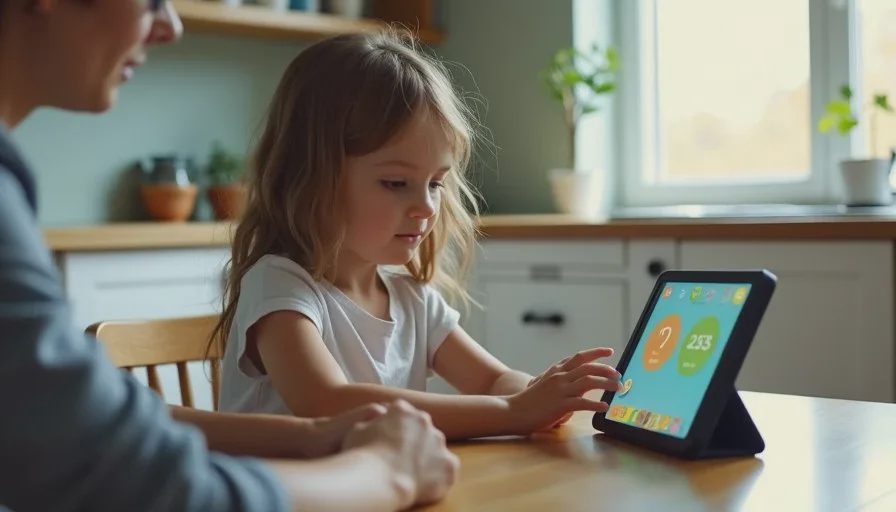 A child using a family tablet with parental controls set up A young child using a family tablet at a kitchen table while a parent sits nearby, with parental controls active on the screen.