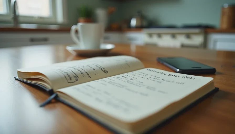A notebook with handwritten notes about a family notification detox, with a phone face down and a cup of coffee on a kitchen table.