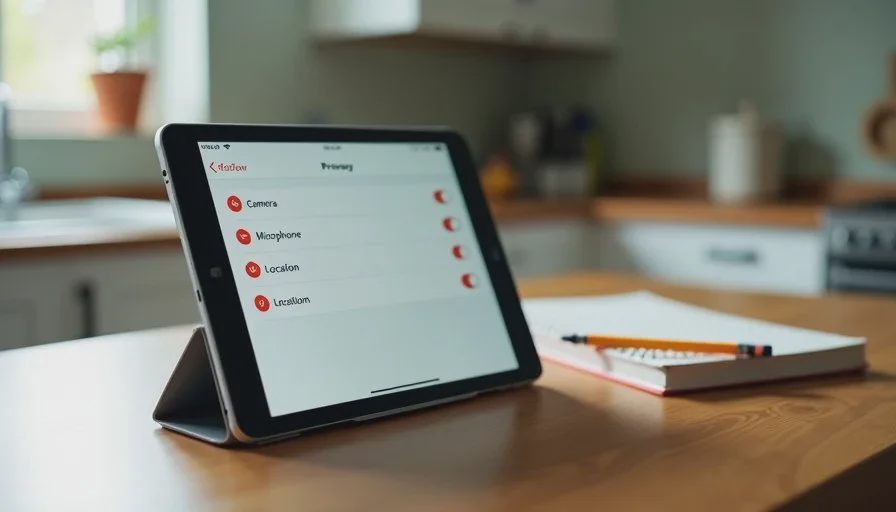 A child's tablet showing an app privacy settings screen with toggles for camera, microphone, and location turned off.