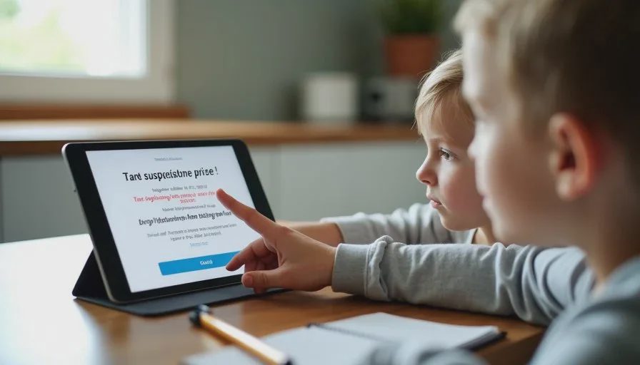 Spotting a fake prize message together Close-up of a parent's hand pointing at a suspicious prize message on a tablet screen while a child watches and learns about online scams.