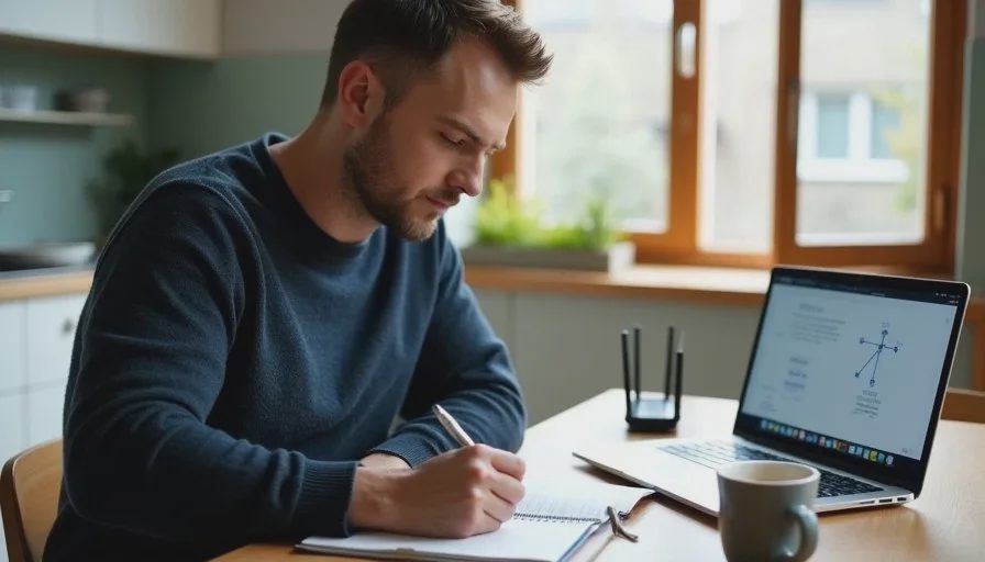 Daniel Mercer writes family technology tips in a notebook at his kitchen table, with a laptop and router nearby.