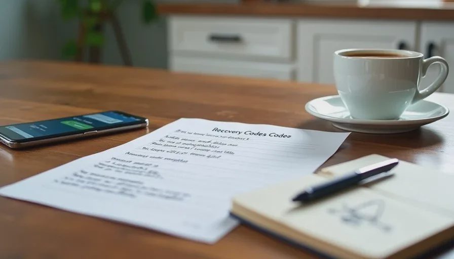 Printed recovery codes and a master password written in a notebook, stored safely next to a family password manager on a kitchen table.