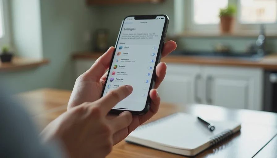 Close-up of a parent's hand turning off app notifications in a phone settings menu at a kitchen table.