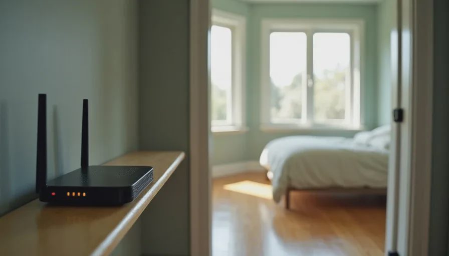 Router placement versus a mesh node in a back bedroom A single router placed on an open shelf in a central hallway, compared with a mesh node in a back bedroom of a three-bedroom house.