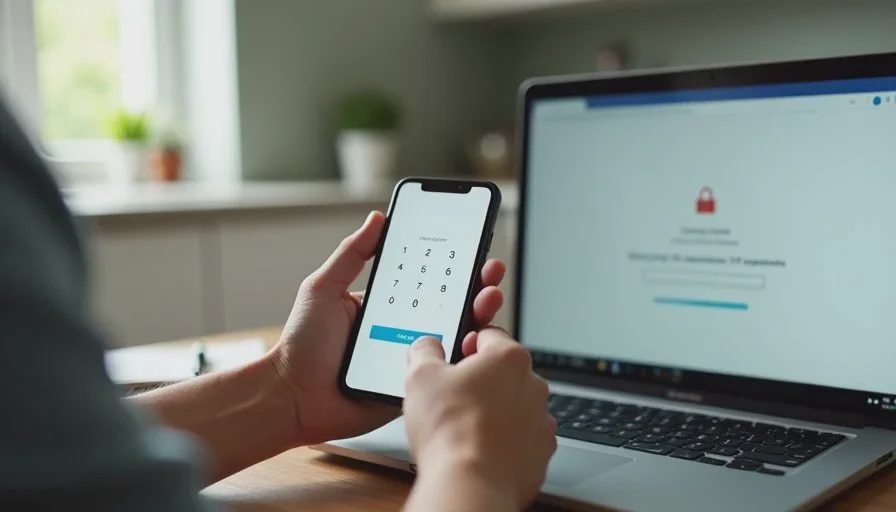 Entering a two-factor authentication code on a phone Close-up of a parent's hands entering a two-factor authentication code on a smartphone, with a laptop showing a login screen nearby.