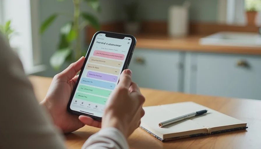Close-up of a parent's hands setting up a shared family calendar on a smartphone, with color-coded events and reminders.