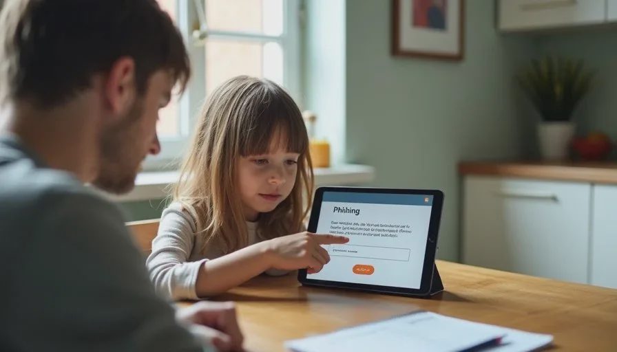Learning to spot phishing warning signs A child pointing at a phishing example on a tablet while a parent explains the warning signs of online scams at a kitchen table.