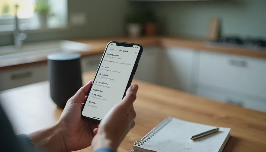 Reviewing smart speaker privacy settings before buying A parent reviewing smart speaker privacy settings on a phone, with the speaker on a kitchen counter and a notebook nearby.