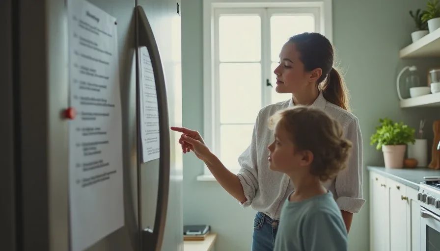 Reading the family technology rules together A parent and child reading the family technology rules together on the refrigerator in a bright kitchen.