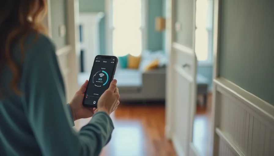 Testing Wi-Fi coverage room by room A parent walking through a home with a phone running a Wi-Fi speed test, checking coverage in different rooms.