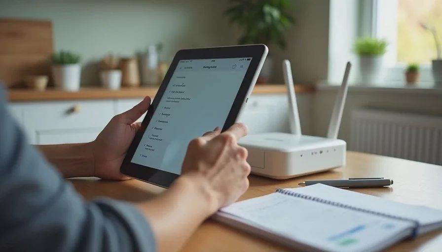 Setting up parental controls on a new family tablet A parent configuring parental controls on a new family tablet while sitting at a kitchen table with a notebook and Wi-Fi router nearby.
