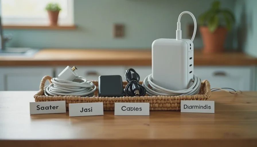 Labeled cables and a spare parts basket at the charging station Close-up of labeled charging cables and a small basket of spare adapters at a family charging station on a kitchen counter.