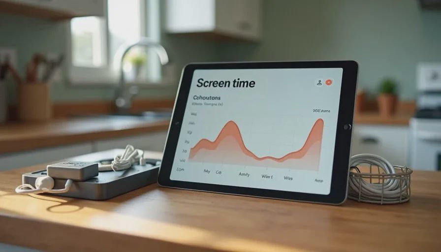 A child's tablet showing a screen-time report with a weekly pattern, placed next to a family charging station on a kitchen counter.