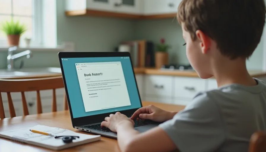 A child typing schoolwork on a Chromebook An elementary school child typing a book report on a Chromebook at a kitchen table, with a notebook and pencil nearby.