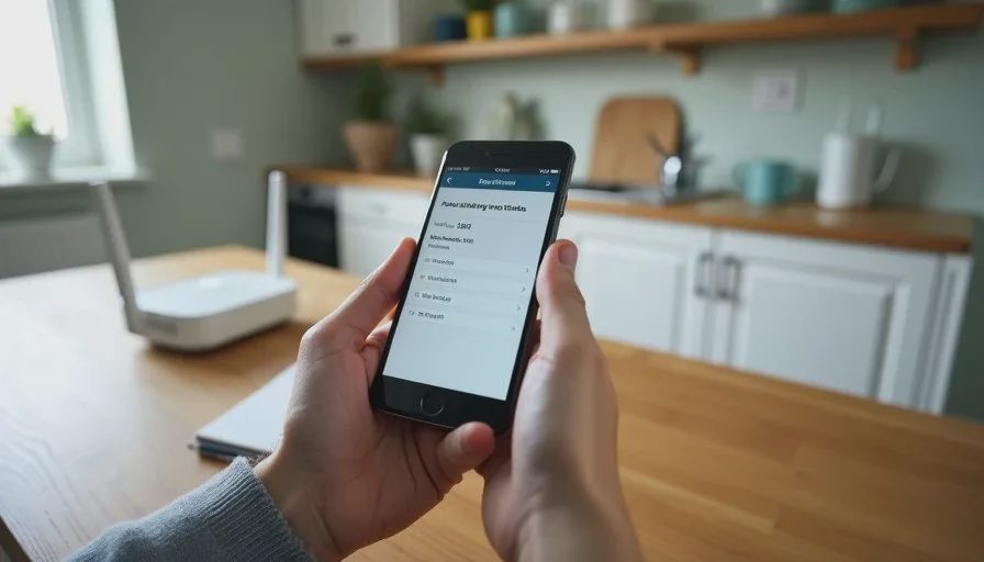 Setting a bedtime network pause in the router app A parent using a router app on a phone to set a bedtime network pause for kids' devices, with a router on a shelf nearby.