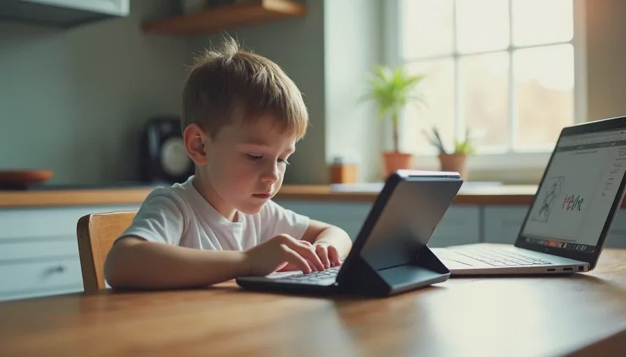 A child using a tablet for touch-based learning A young child using a tablet with a drawing app while a Chromebook with a school assignment sits nearby on a kitchen table.