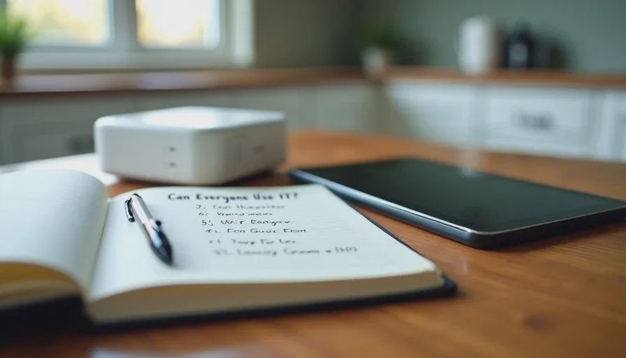 The six-question family tech checklist Close-up of a handwritten family tech usability checklist on a notebook, with a tablet and router on a kitchen table.