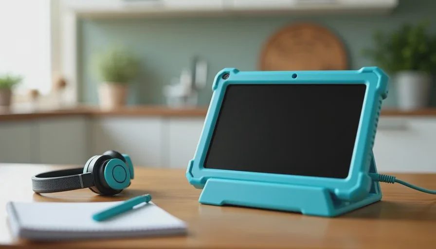 A sturdy case, stand, and labeled cable for a child's tablet A child's tablet in a sturdy case on an adjustable stand at a kitchen table, with a labeled charging cable and headphones nearby.